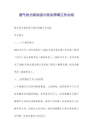 燃气热力规划设计院试用期工作总结-