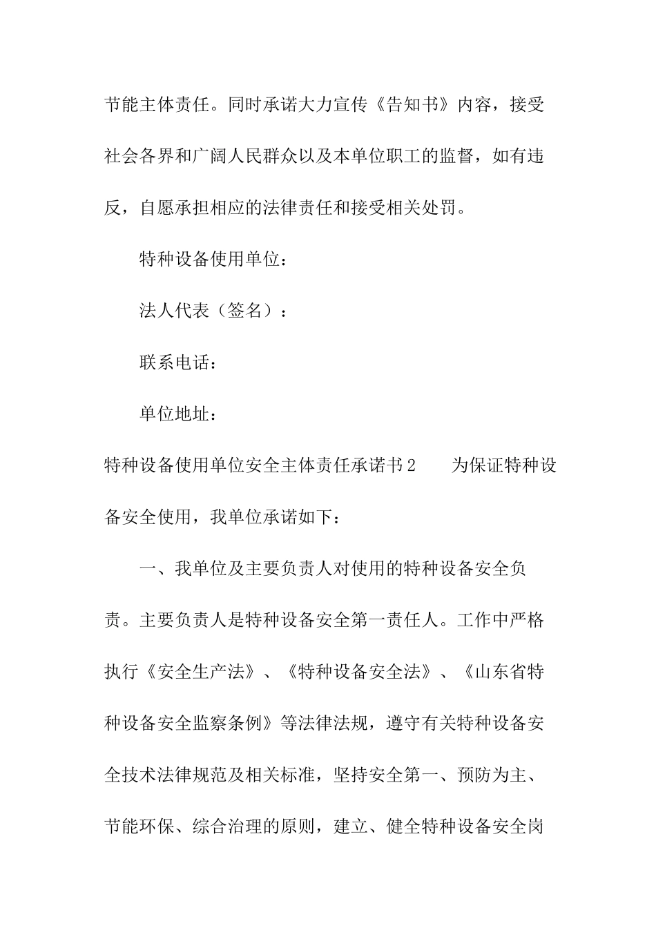 特种设备使用单位安全主体责任承诺书_第2页