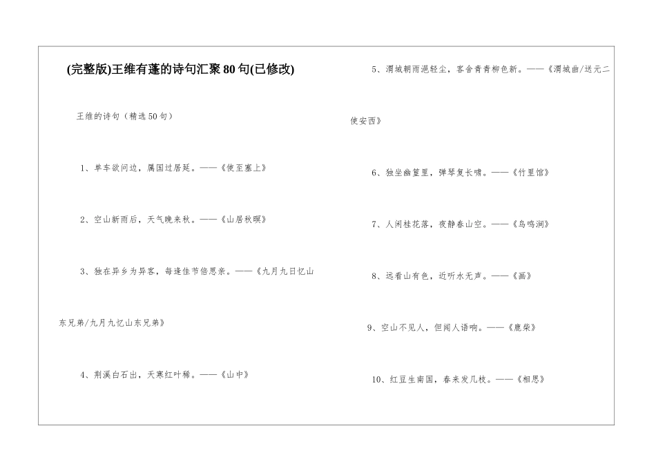 王维有蓬的诗句汇聚80句_第1页