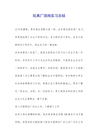 玩具厂顶岗实习总结-