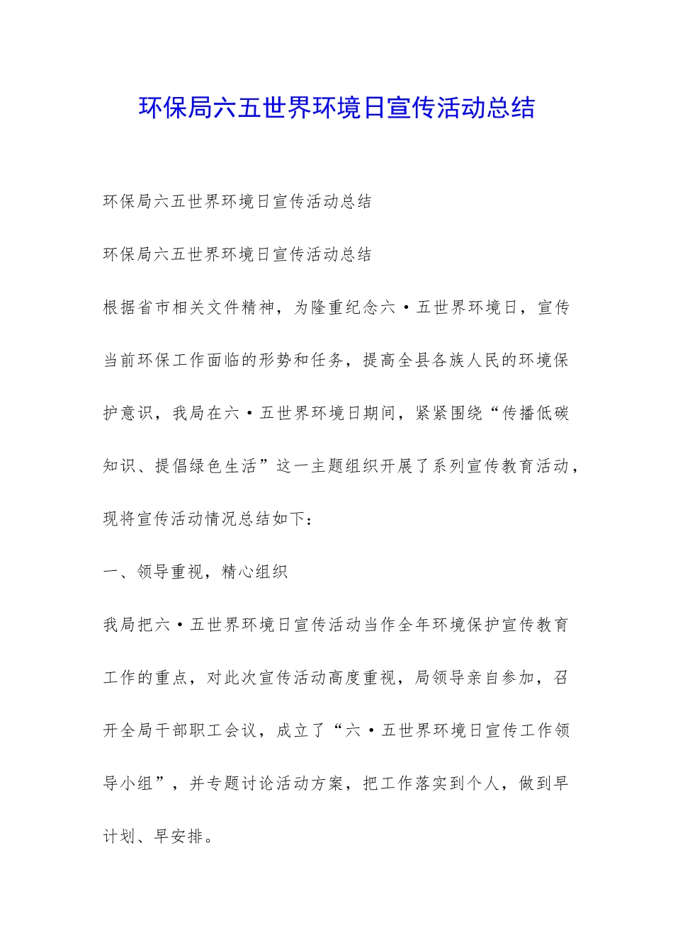 环保局六五世界环境日宣传活动总结-_第1页