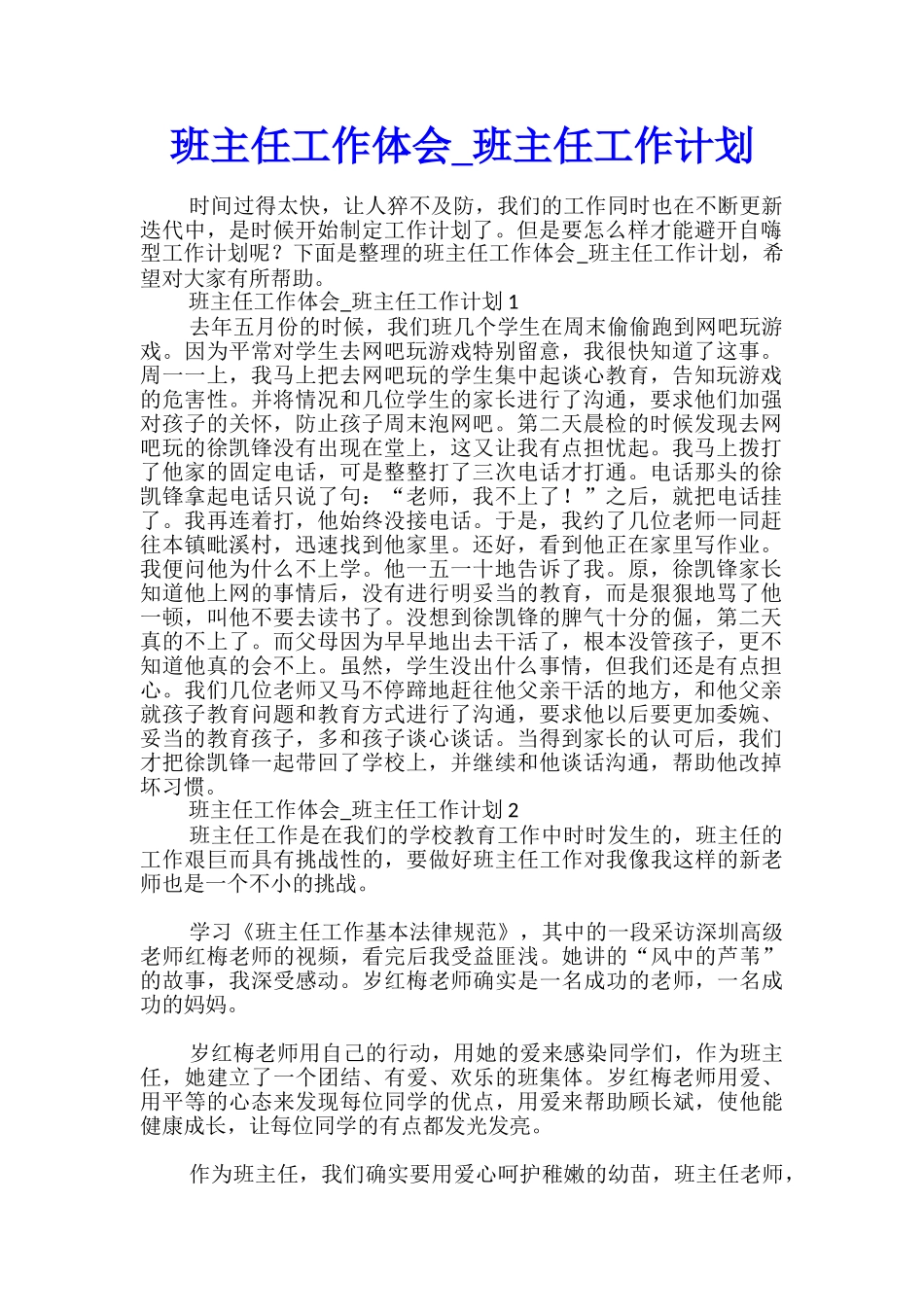 班主任工作体会-班主任工作计划_第1页