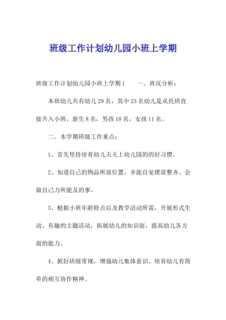 班级工作计划幼儿园小班上学期