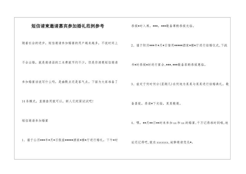 短信请柬邀请嘉宾参加婚礼范例参考_第1页