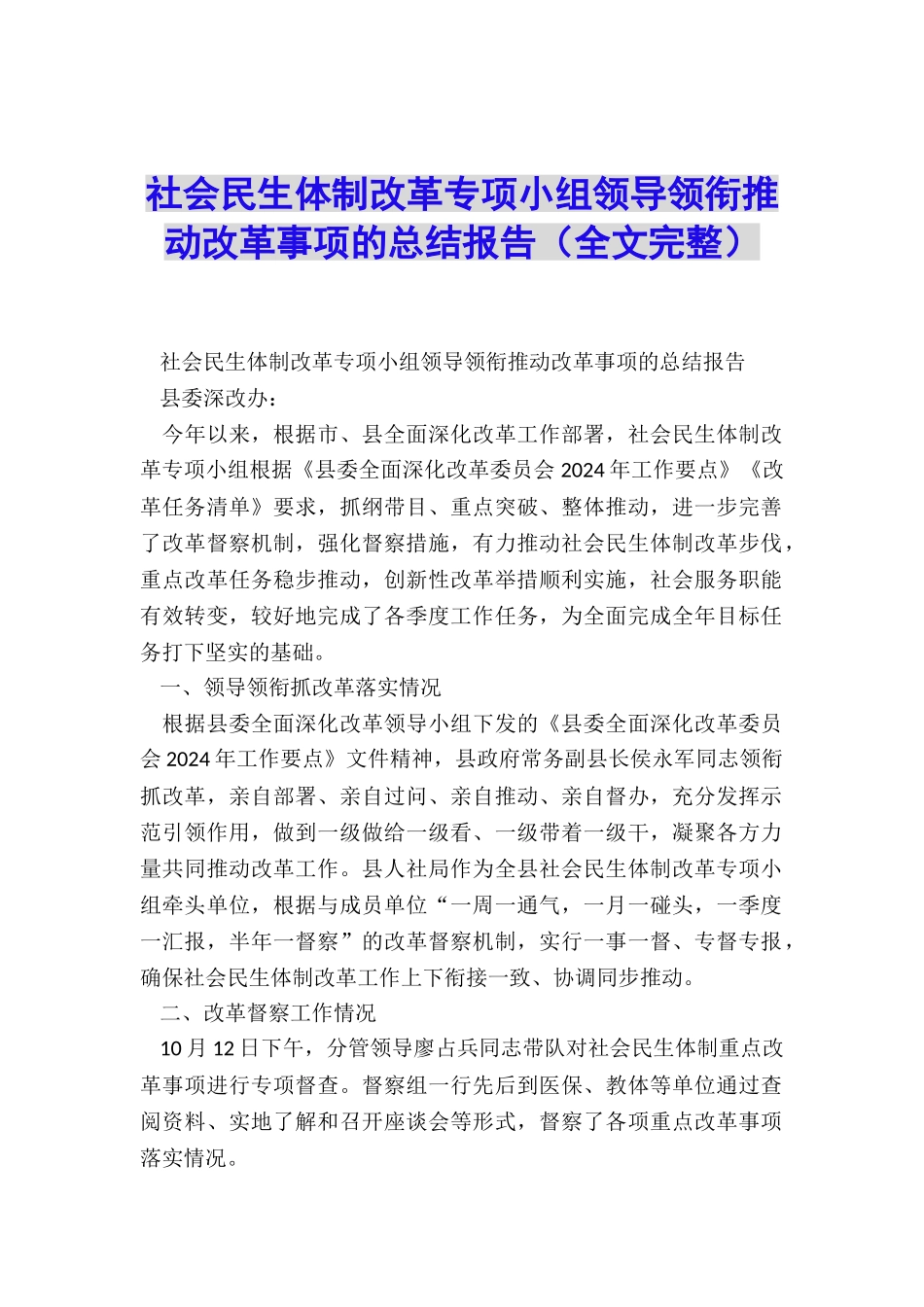 社会民生体制改革专项小组领导领衔推进改革事项的总结报告_第1页