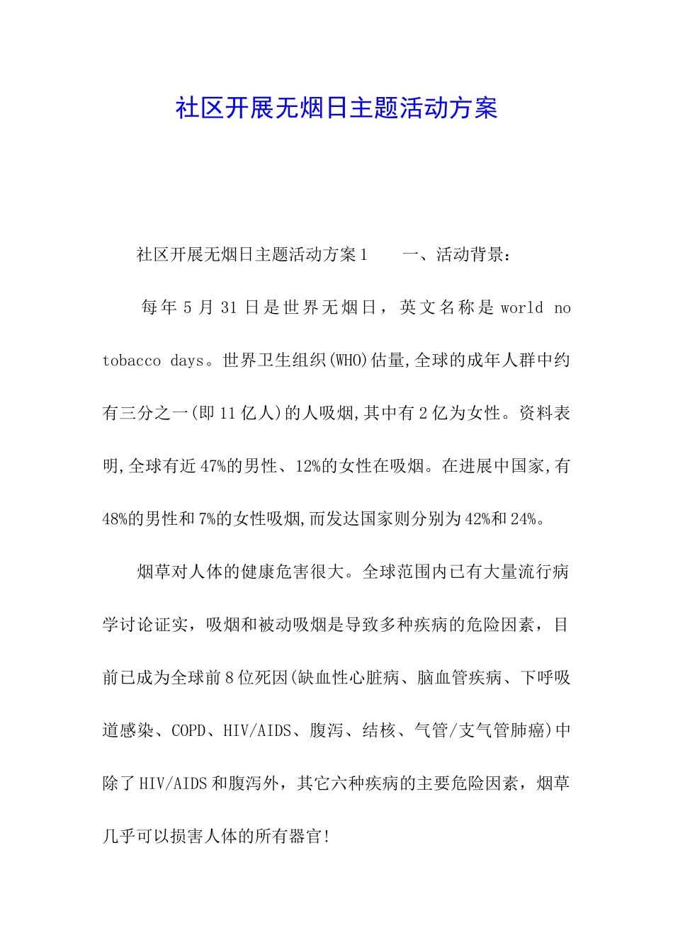 社区开展无烟日主题活动方案_第1页