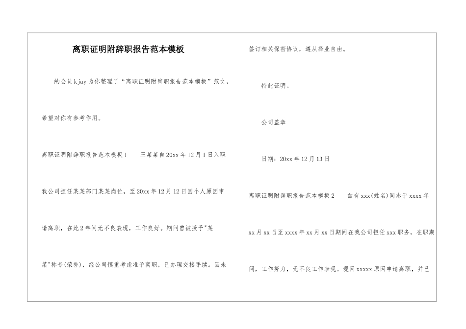 离职证明附辞职报告范本模板-_第1页