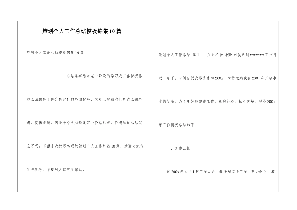 策划个人工作总结模板锦集10篇_第1页