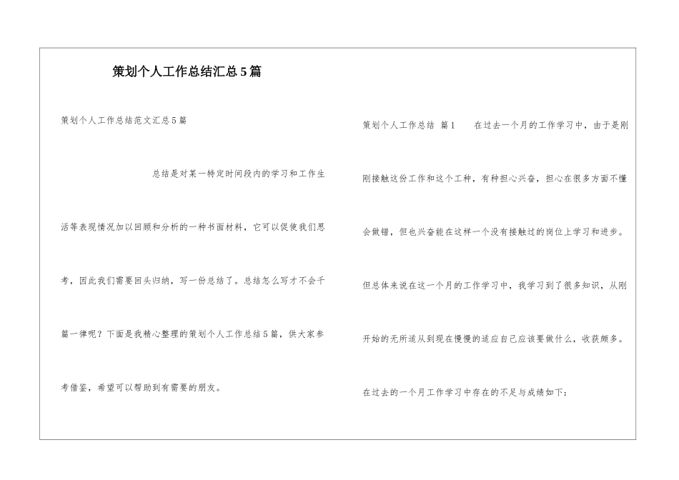 策划个人工作总结汇总5篇_第1页