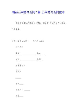 精品公司劳动合同6篇-公司劳动合同范本