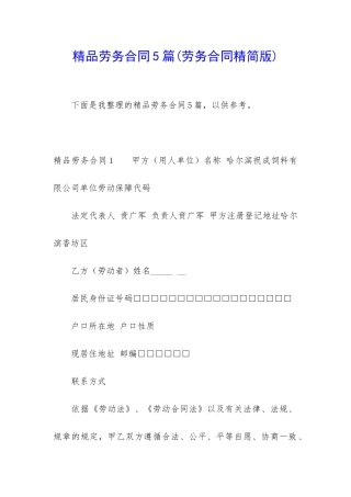精品劳务合同5篇