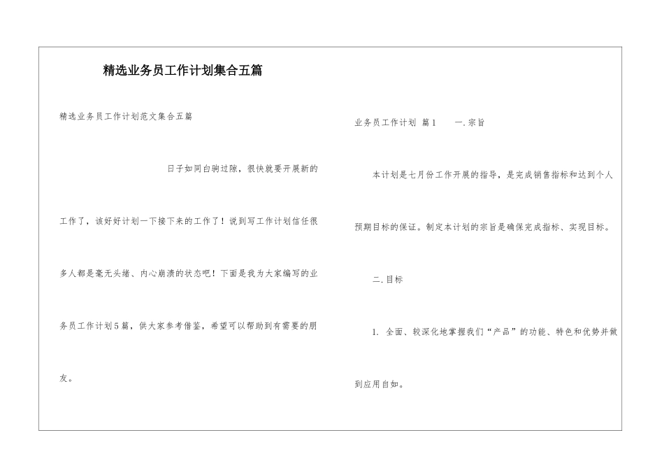 精选业务员工作计划集合五篇_第1页