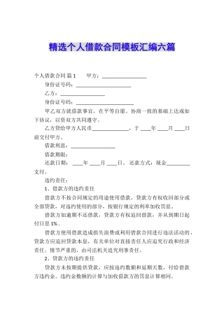 精选个人借款合同模板汇编六篇