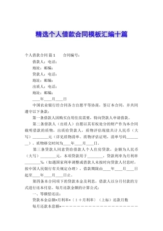 精选个人借款合同模板汇编十篇
