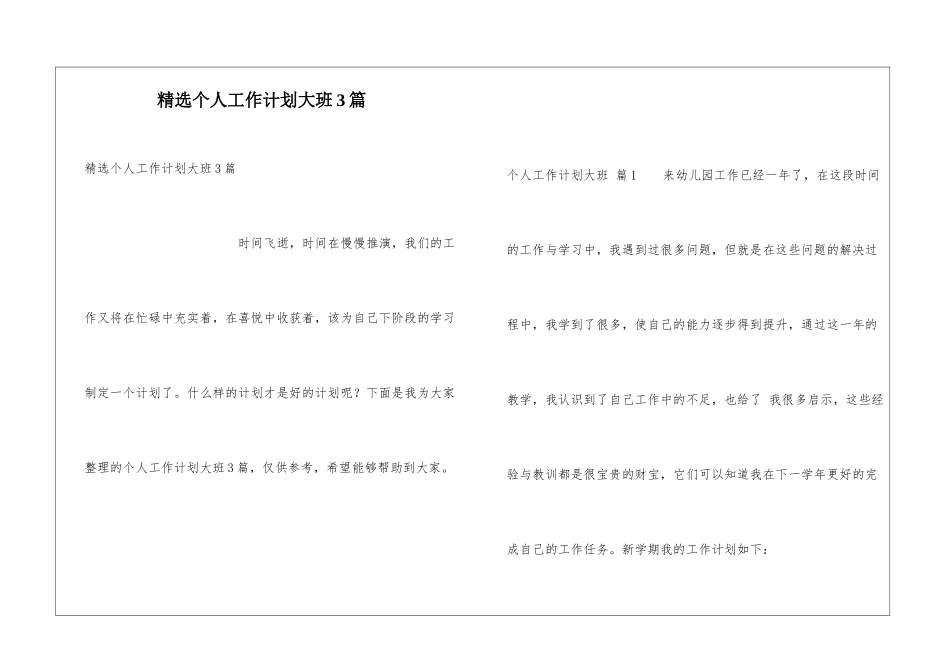 精选个人工作计划大班3篇_第1页