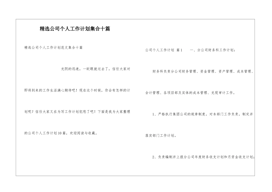 精选公司个人工作计划集合十篇_第1页