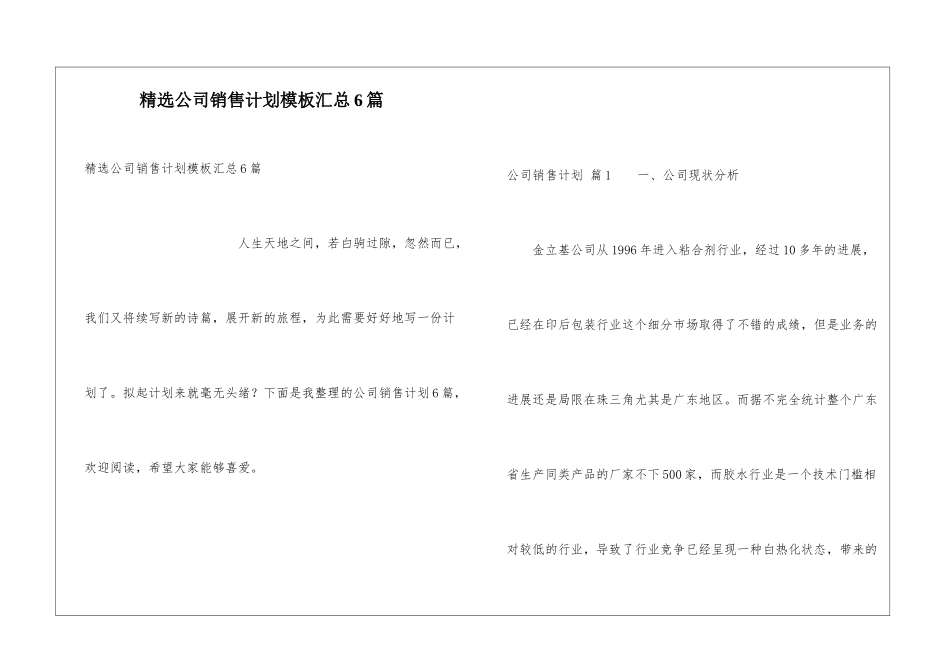 精选公司销售计划模板汇总6篇_第1页