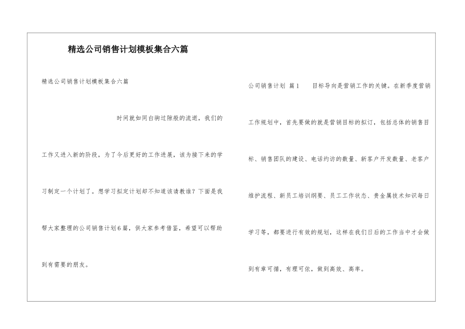 精选公司销售计划模板集合六篇_第1页