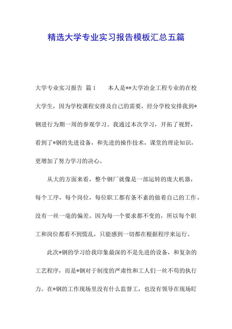 精选大学专业实习报告模板汇总五篇_第1页
