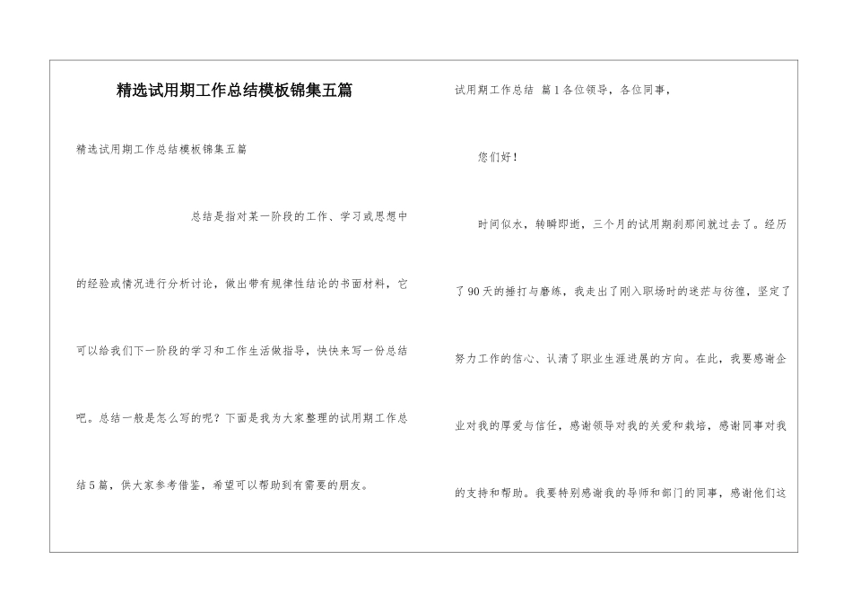 精选试用期工作总结模板锦集五篇_第1页