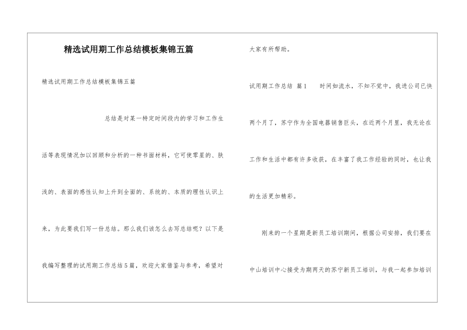精选试用期工作总结模板集锦五篇_第1页