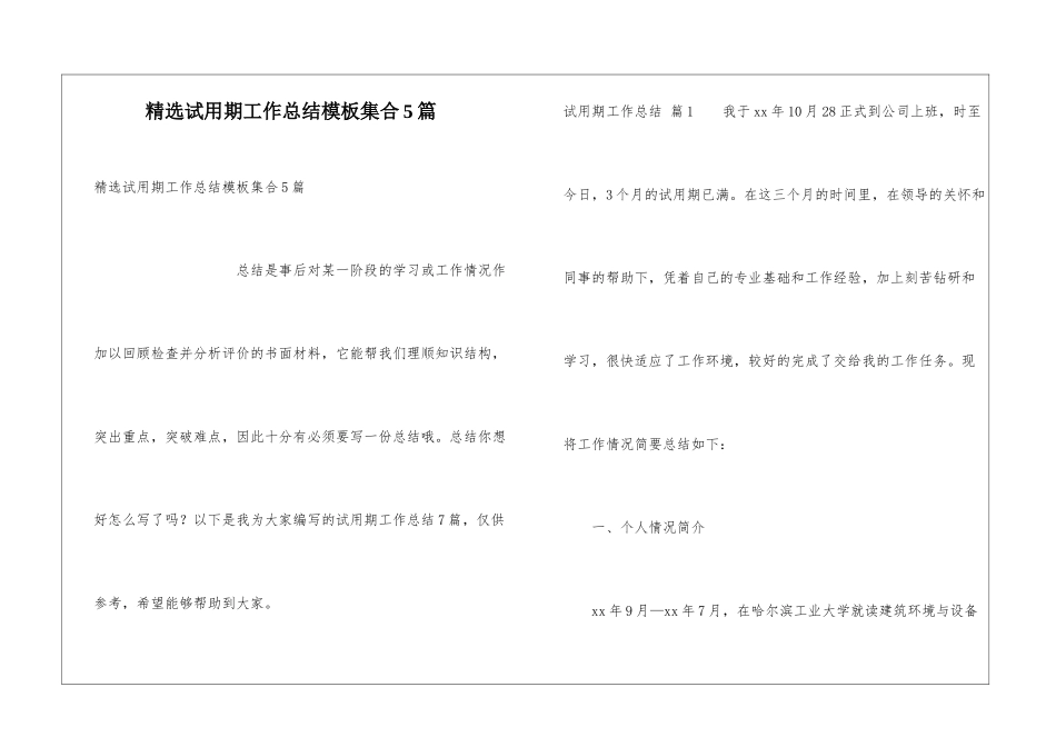 精选试用期工作总结模板集合5篇_第1页