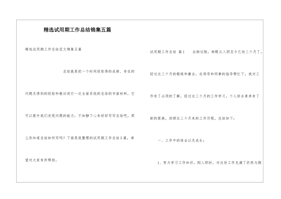 精选试用期工作总结锦集五篇_第1页