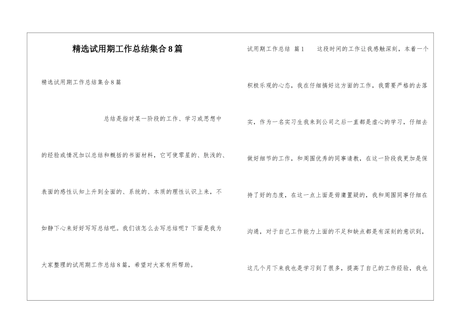 精选试用期工作总结集合8篇_第1页