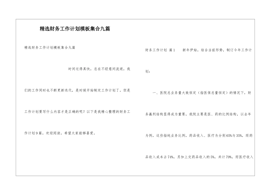 精选财务工作计划模板集合九篇_第1页