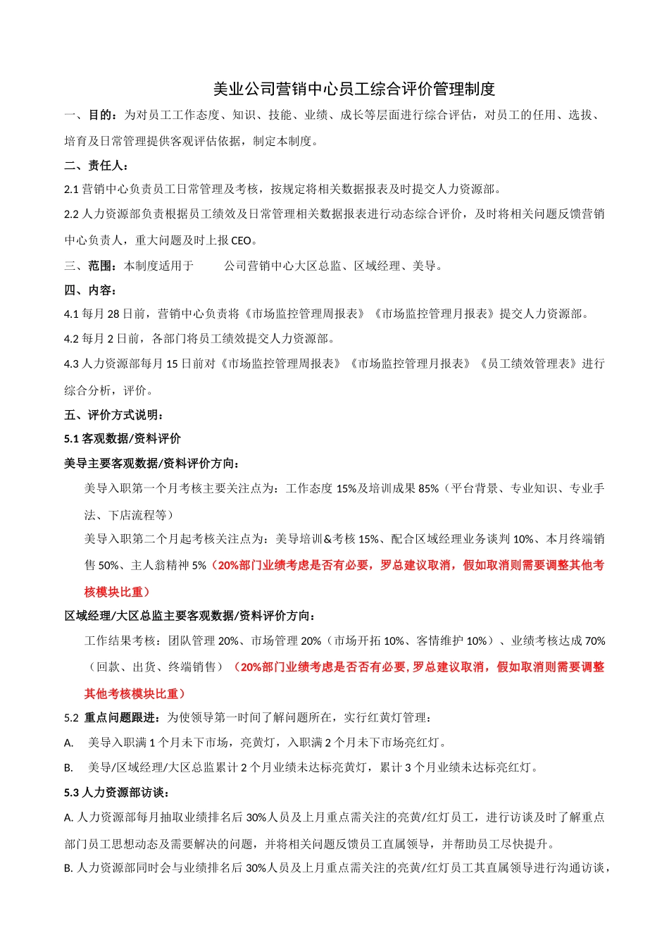 美业公司营销中心员工综合考核评价管理制度_第1页