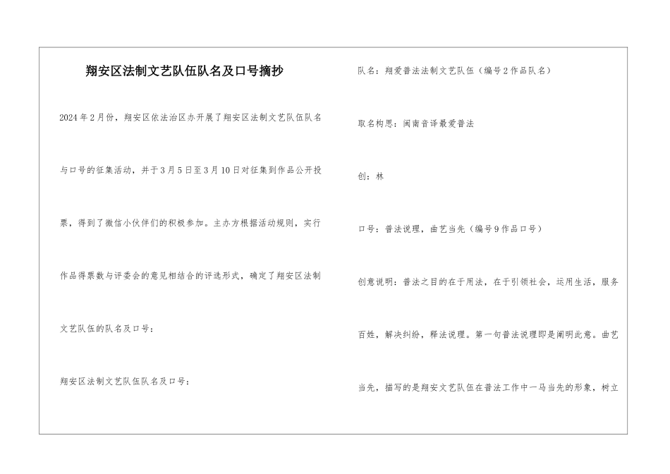 翔安区法制文艺队伍队名及口号摘抄_第1页