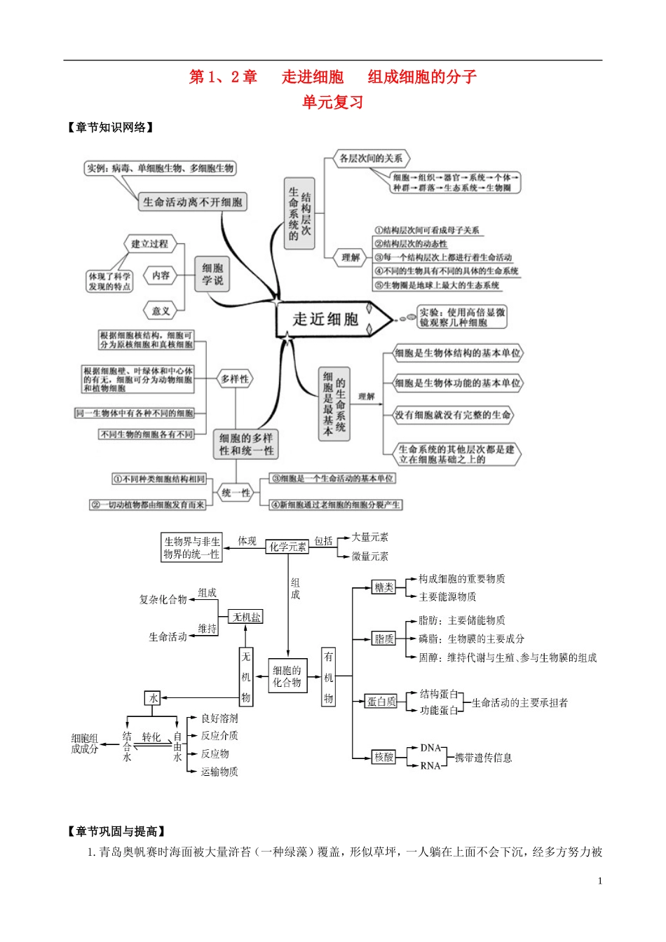 2013版高考生物一轮精品复习 第1、2章 走进细胞、组成细胞的分子单元复习学案 新人教版必修1_第1页