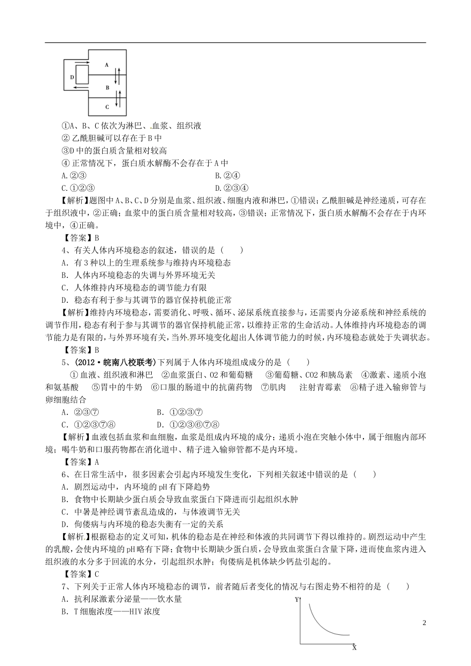 2013版高考生物一轮精品复习 第1章 人体的内环境与稳态（单元复习）学案 新人教版必修3_第2页