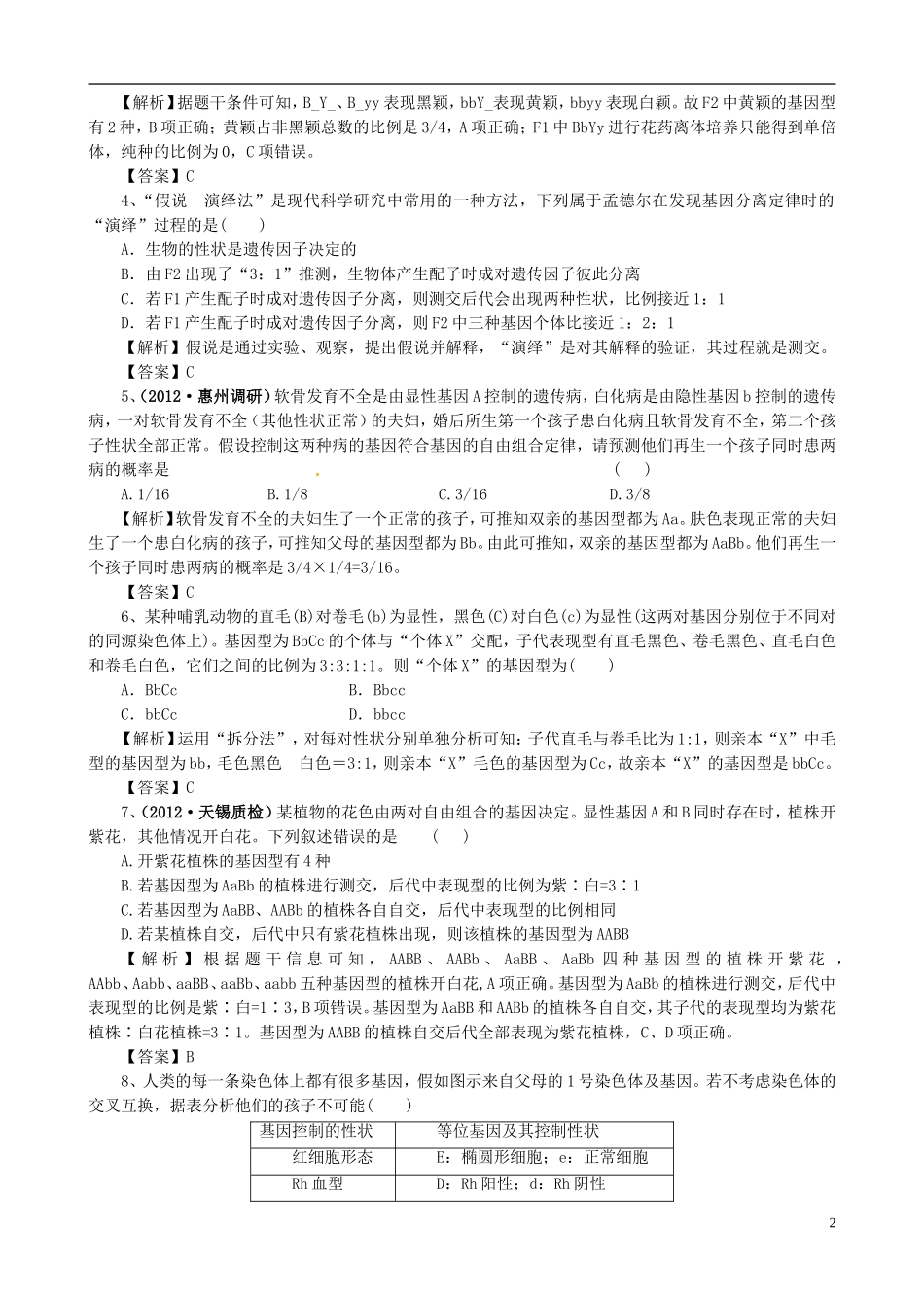 2013版高考生物一轮精品复习 第1章 遗传因子的发现单元复习学案 新人教版必修2_第2页
