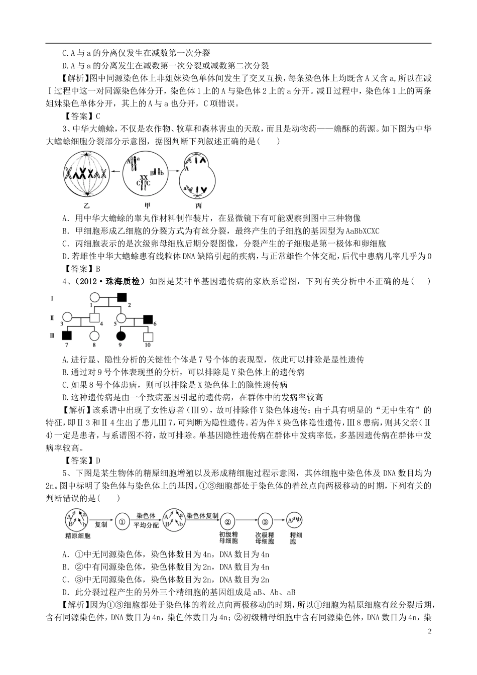 2013版高考生物一轮精品复习 第2章 基因和染色体的关系单元复习学案 新人教版必修2_第2页