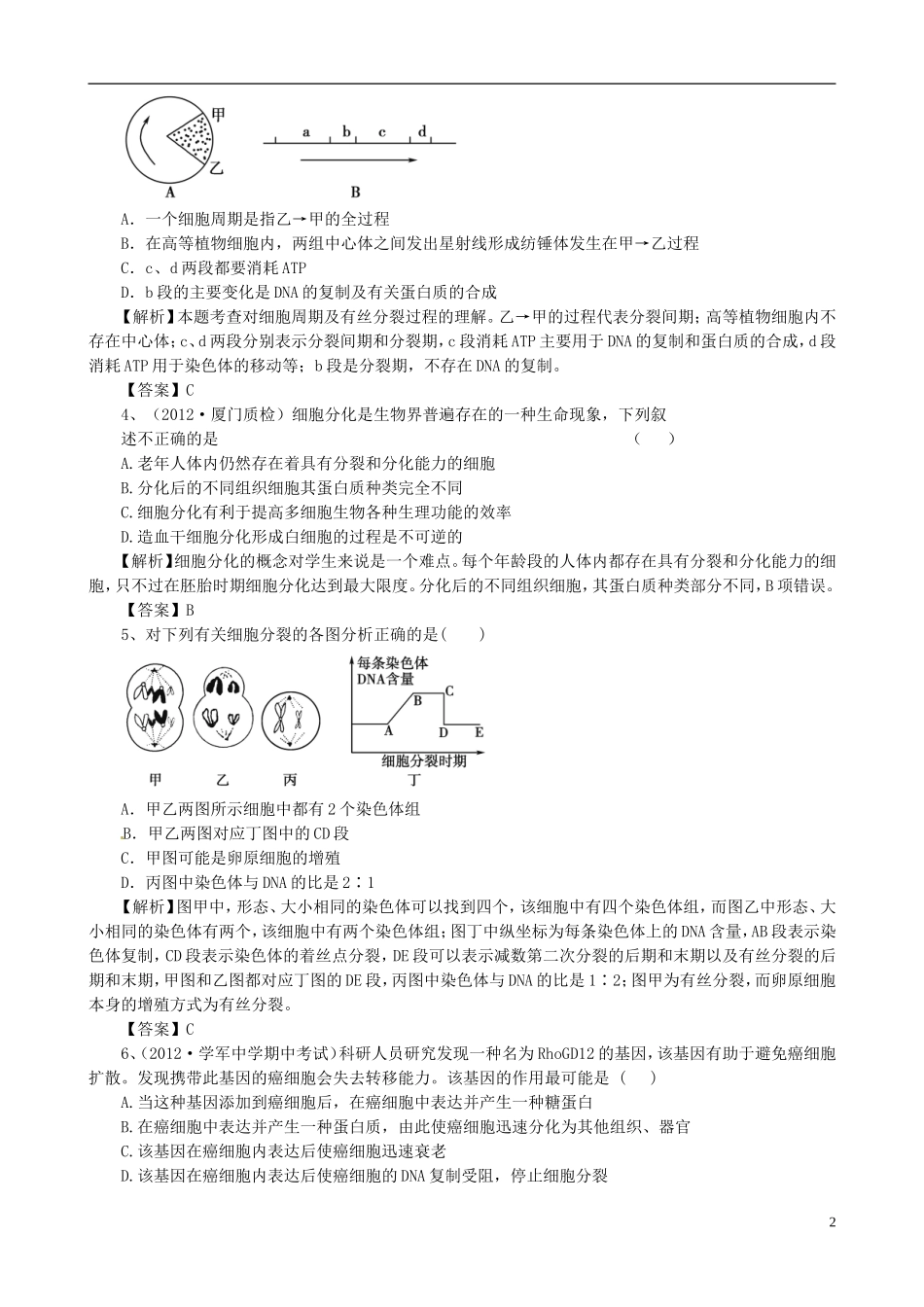 2013版高考生物一轮精品复习 第6章 细胞的生命历程单元复习学案 新人教版必修1_第2页