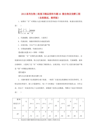 2013年高考生物二轮复习 精品资料专题16 微生物及发酵工程名校测试（教师版）