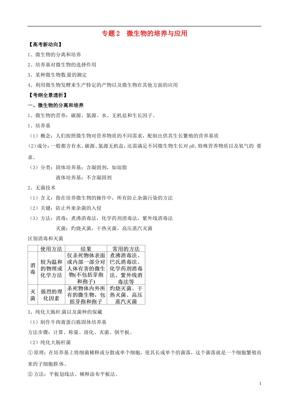 2013版高考生物一轮精品复习 专题2 微生物的培养与应用学案 新人教版选修1_第1页