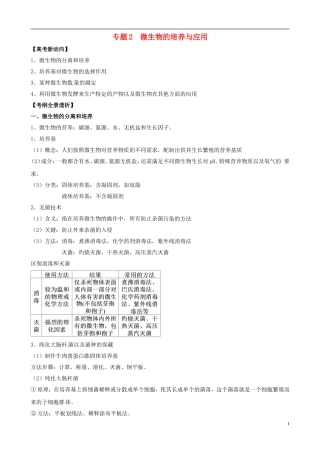 2013版高考生物一轮精品复习 专题2 微生物的培养与应用学案 新人教版选修1