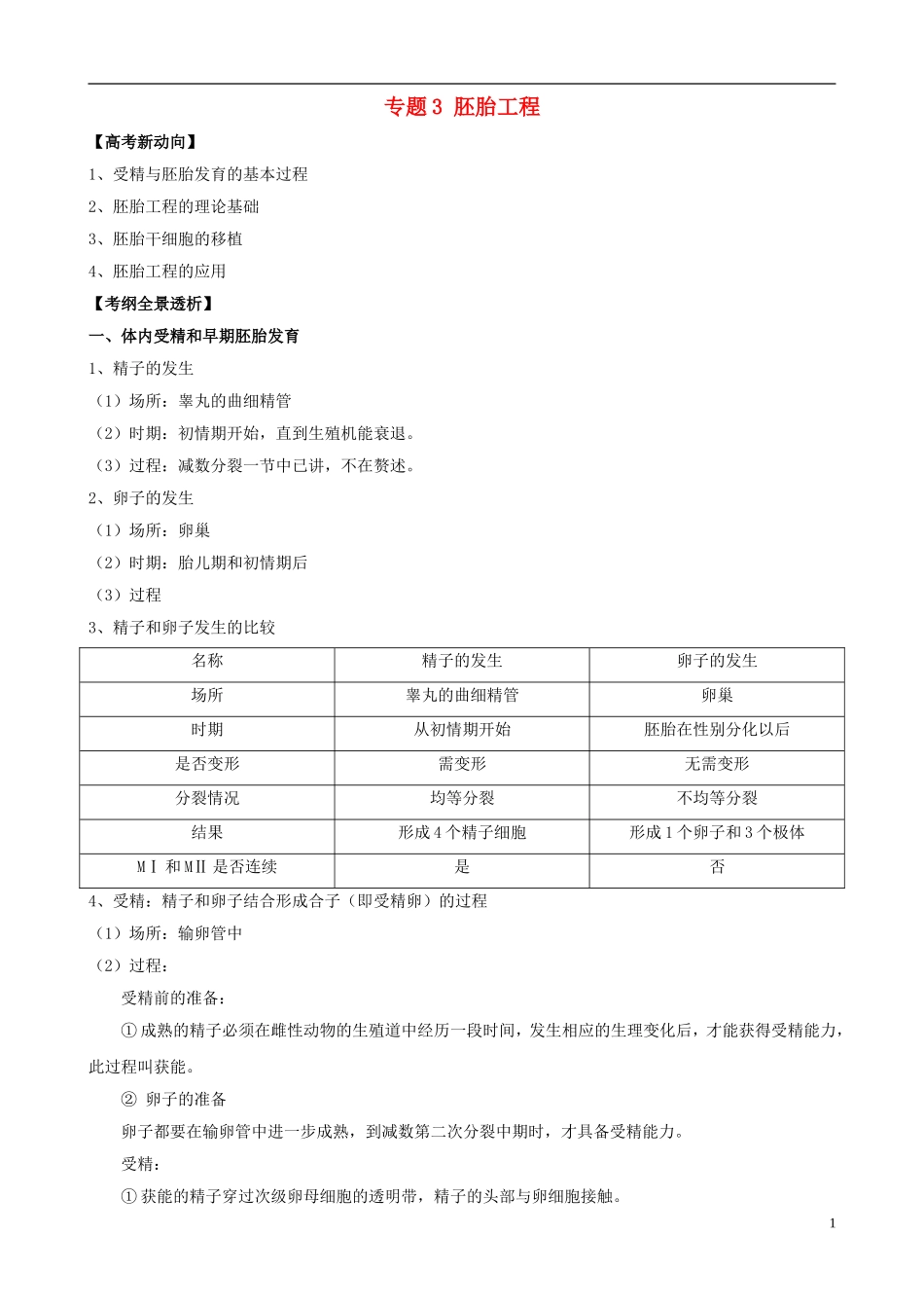 2013版高考生物一轮精品复习 专题3 胚胎工程学案 新人教版选修3_第1页