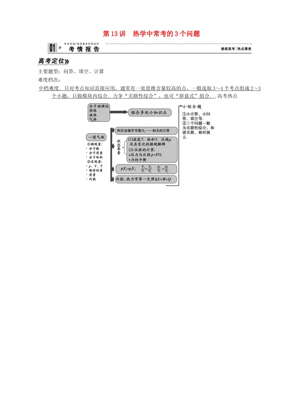 2013年高考物理二轮 压轴突破 专题6第13讲热学中常考的3个问题教案_第1页