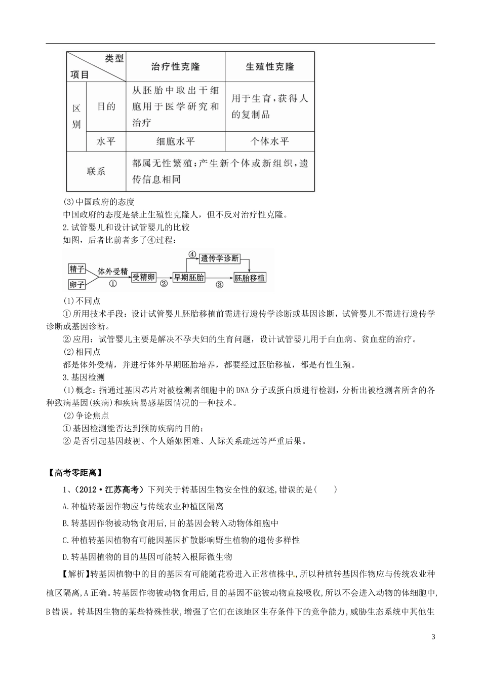 2013版高考生物一轮精品复习 专题4 生物技术的安全性和伦理问题学案 新人教版选修3_第3页