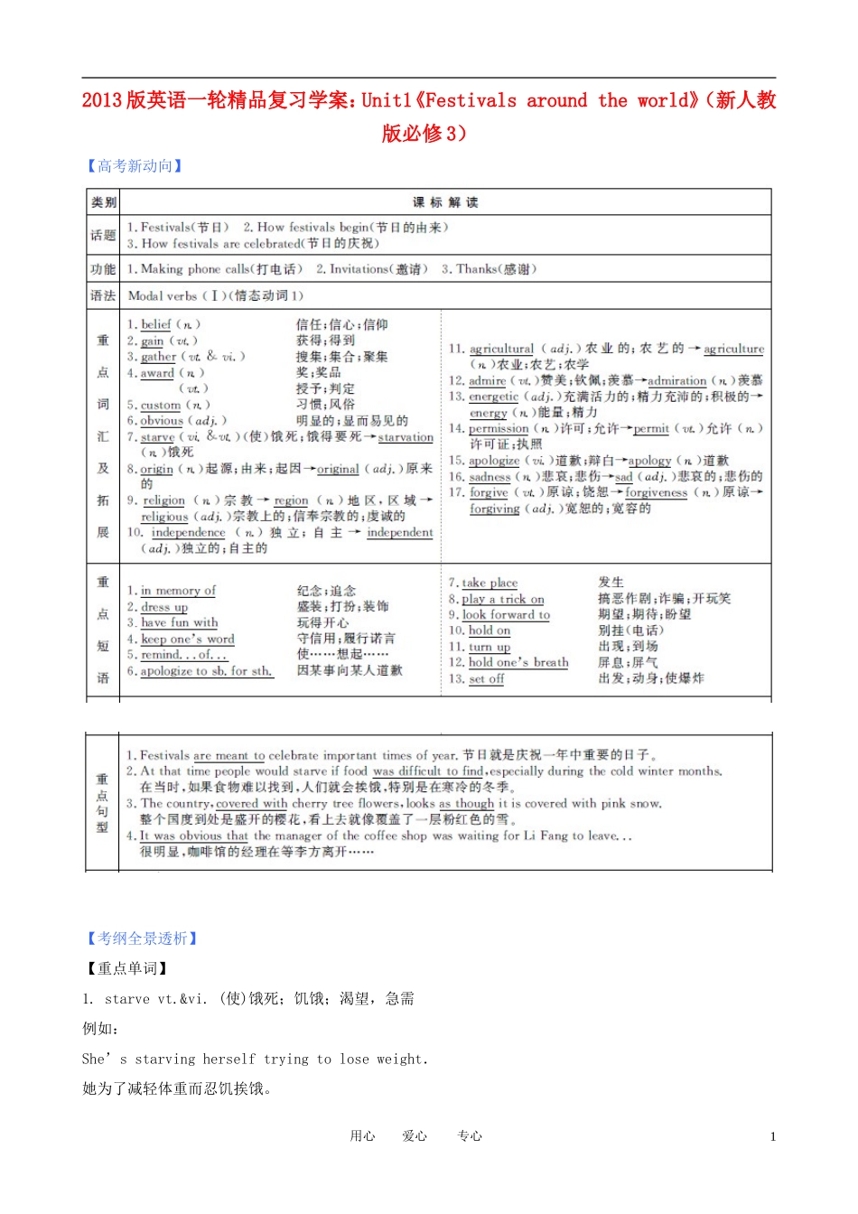 2013版高考英语一轮复习 Unit1《Festivals around the world》精品学案 新人教版必修3_第1页