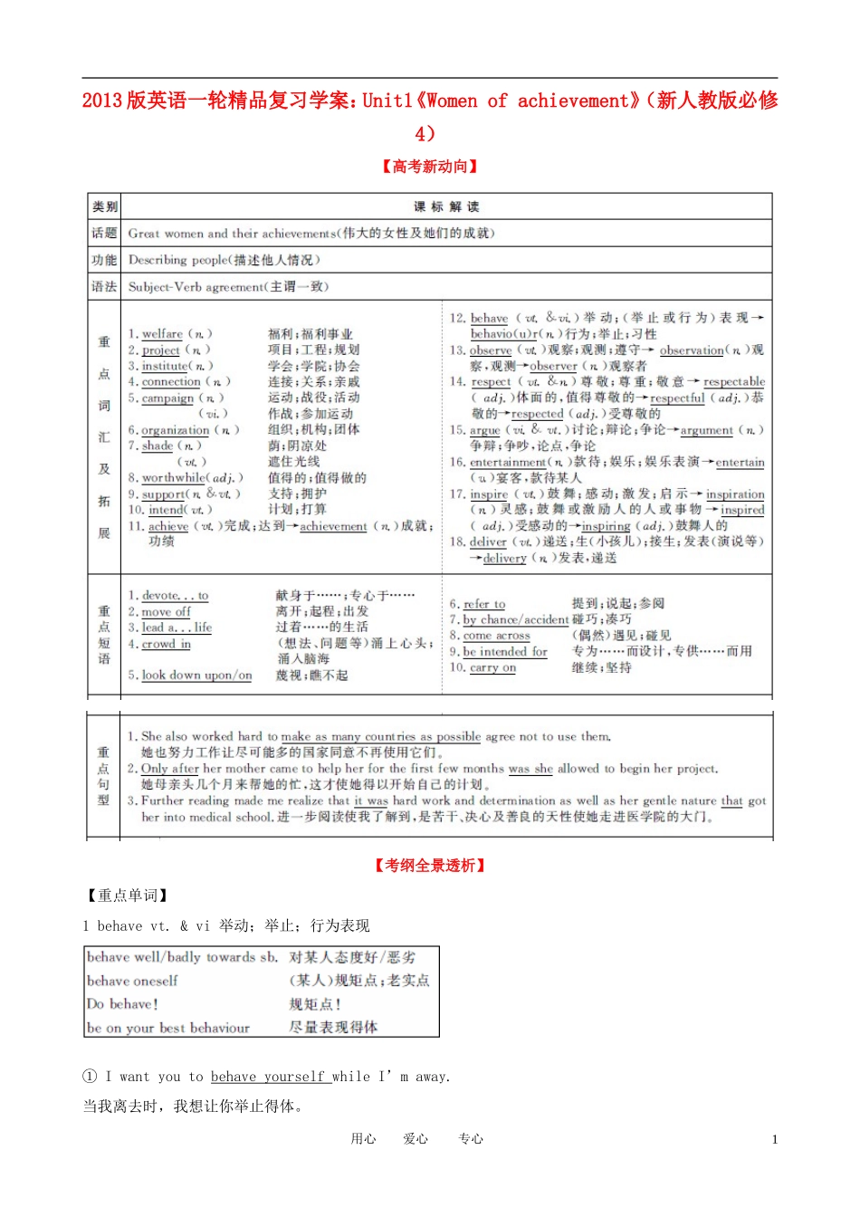 2013版高考英语一轮复习 Unit1《Women of achievement》精品学案 新人教版必修4_第1页