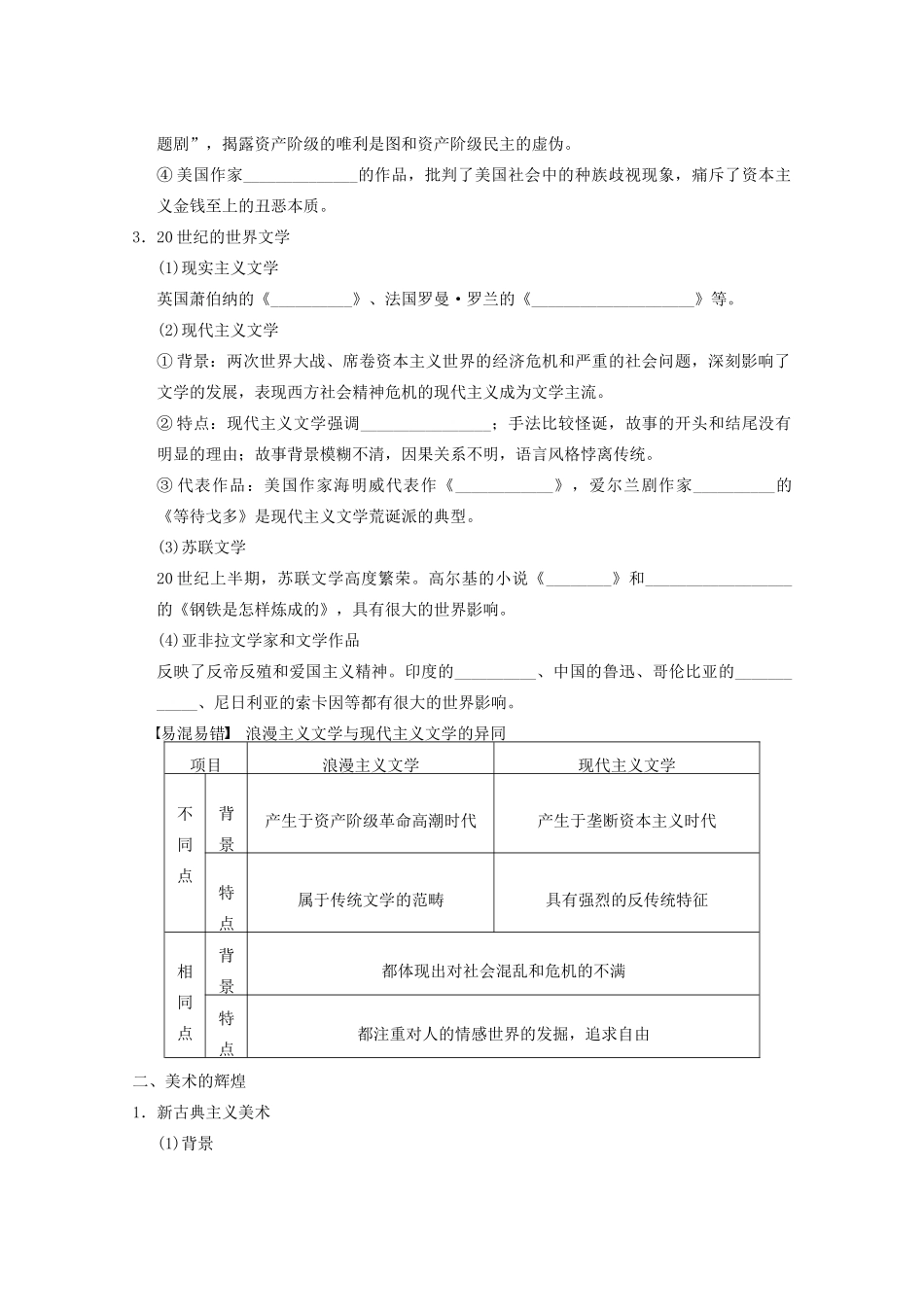 2013高考历史大一轮复习 第十五单元第37讲19世纪以来的世界文学艺术学案 新人教版必修3_第2页
