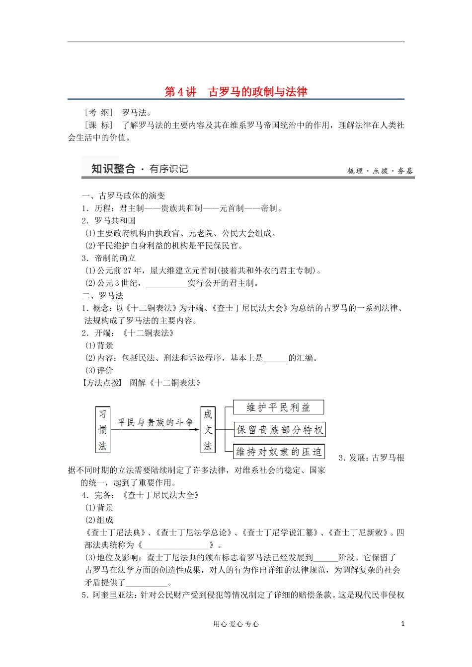 2013高考历史一轮复习研析教案 第2单元 第4讲 《古罗马的政制与法律》岳麓版必修1_第1页