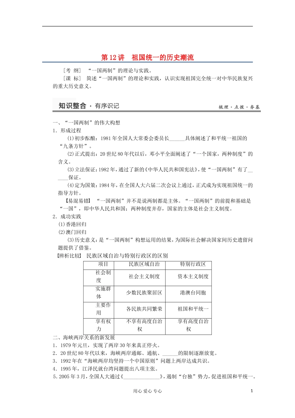 2013高考历史一轮复习研析教案 第6单元 第12讲 《祖国统一的历史潮流》岳麓版必修1_第1页