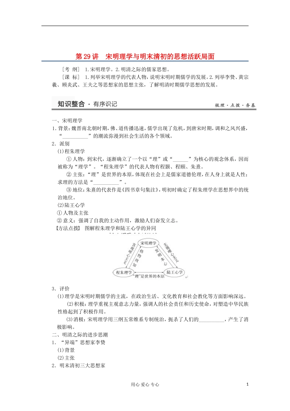 2013高考历史一轮复习研析教案 第14单元 第29讲 《宋明理学与明末清初的思想活跃局面》岳麓版必修3_第1页
