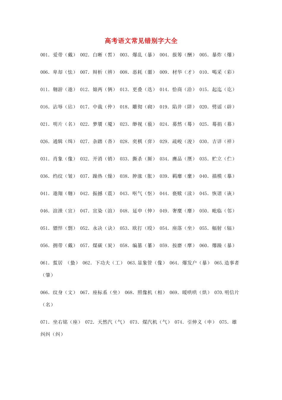 2013高考语文 基础终极突破 常见错别字大全素材_第1页