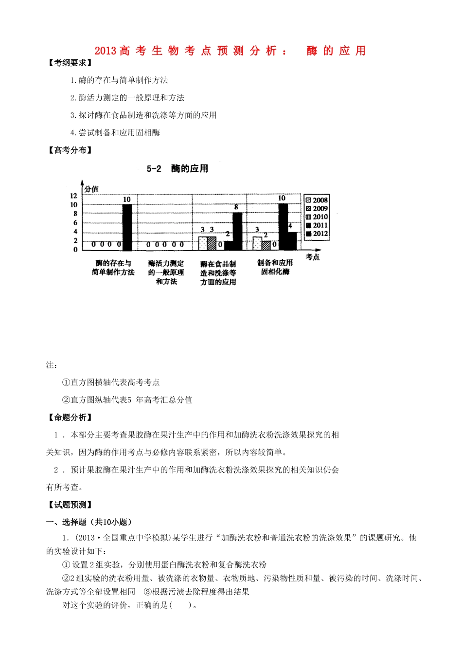 2013高考生物 考点预测分析 酶的利用（含解析）新人教版_第1页